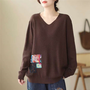 Áo len đan dài tay cổ V và mảng màu - NU7846