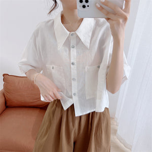 Áo sơ mi linen ngắn tay cổ sen nhọn hai túi vuông - NU7511