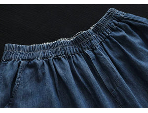 Quần baggy denim thêu hoa gấu thun đính ren - NU7626