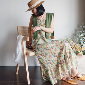 Đầm liền linen hai dây in hoa lá tùng xòe - NU7126