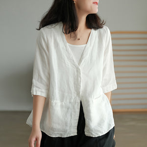 Áo sơ mi linen ngắn tay cổ V form rộng - NU5582