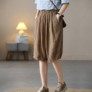 Quần baggy lửng linen lưng thun một màu hai túi chéo  - NU7076