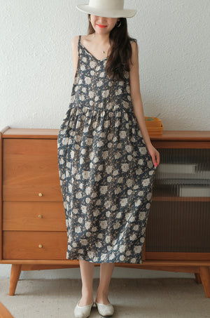 Đầm liền linen hai dây cổ V in hoa lá - NU7071