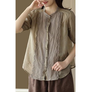 Áo sơ mi linen ngắn tay thêu ren bông tuyết - NU8610