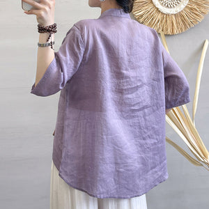 Áo sơ mi linen ngắn tay cổ tàu khuy tròn thêu chim phượng hoàng - NU7172