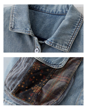 Áo khoác denim dài tay cổ đức hai túi tròn phối hoa lá - NU7893