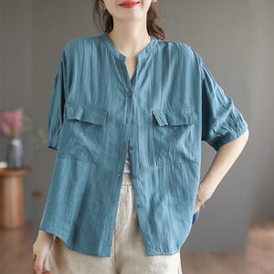 Áo sơ mi linen ngắn tay cổ V hai túi vuông - NU8560