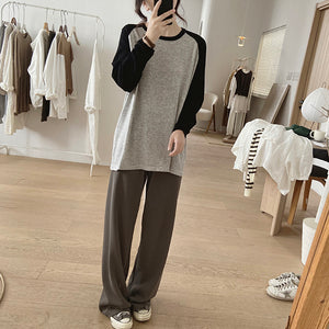 Áo T-shirt dệt kim dài tay phối lệch màu cổ tròn - NU8099