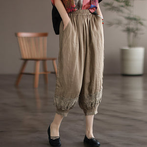 Quần baggy linen lưng thun ống túm thêm hoa lá - NU6990