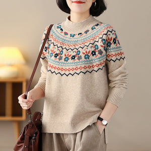 Áo len đan dài tay cổ lọ hoa văn retro trước ngực - NU8182