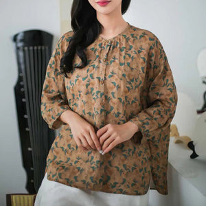 Áo sơ mi linen tay lửng cổ tròn in hoa lá một túi nhỏ - NU8216