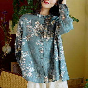 Áo sơ mi linen dài tay cổ đứng in màu nước một túi vuông - NU6740