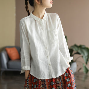Áo sơ mi linen dài tay cổ pipi một túi xếp ly - NU6760