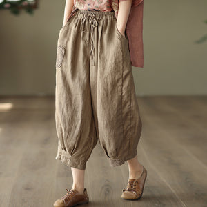 Quần baggy linen lưng thun dây rút thêu hoa hồng - NU7324