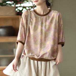 Áo T-shirt linen ngắn tay cổ tròn in hoa lá bo viền - A763