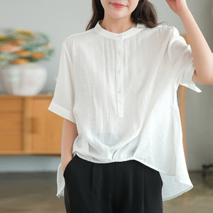 Áo sơ mi linen ngắn tay cổ tròn xếp ly tà lệch bo tròn - NU7388