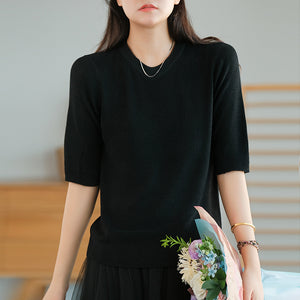 Áo T-shirt len dệp kim ngắn tay cổ tròn một màu - NU7622