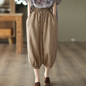 Quần baggy linen lưng thun dây rút thêu ren hai bên - NU7479