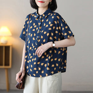Áo sơ mi linen ngắn tay cổ đức in hoa lá bốn khuy - NU7537