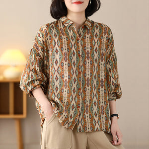 Áo sơ mi linen dài tay cổ đức in hình retro form rộng - NU8314