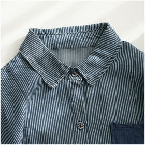 Đầm liền sơ mi denim dài tay cổ đức form rộng một túi - NU8243