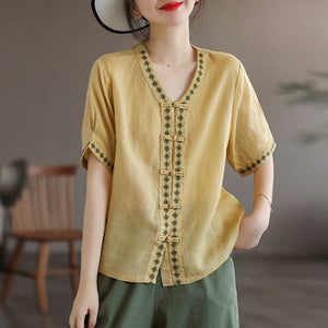 Áo sơ mi linen ngắn tay cổ V khuy tròn hoa văn thổ cẩm - NU6965