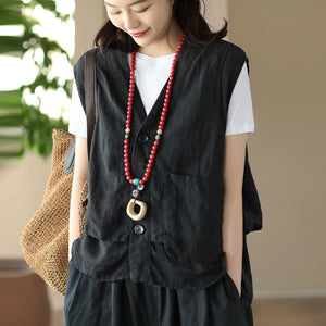 Áo sơ mi linen sát nách cổ V kiểu hai lớp túi vuông - NU8503