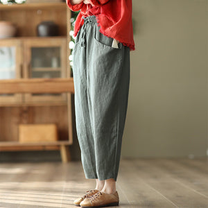 Quần baggy linen lưng thun dây rút ống rộng hai túi chéo - NU6865