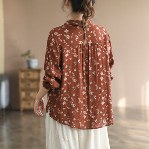 Áo sơ mi linen dài tay cổ đức xếp ly in hoa lá - NU8106