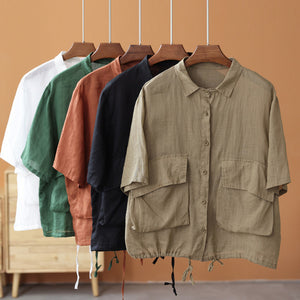 Áo sơ mi linen ngắn tay cổ đức hai túi vương có dây rút - NU7491