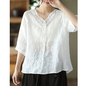 Áo sơ mi linen ngắn tay cổ V thêu ren và dây leo - NU7050