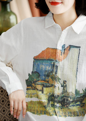 Áo sơ mi linen dài tay cổ đức in tranh đồng quê - NU8341
