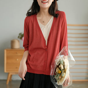 Áo khoác len cardigan dệt kim ngắn tay cổ V hai lớp - NU6589