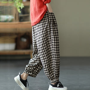 Quần baggy linen lưng thun kẻ sọc caro ống túm - NU7111