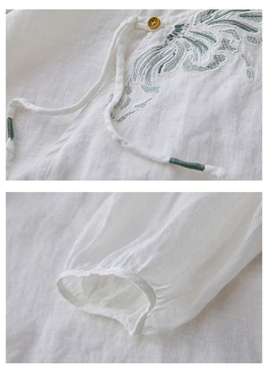 Áo sơ mi linen tay lửng cổ tàu vạt chéo thêu hoa văn - NU8280