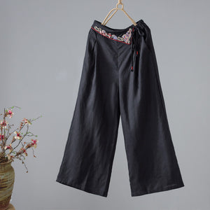 Quần baggy linen lưng cao thêu hoa văn ống rộng - NU8413