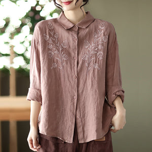 Áo sơ mi linen dài tay cổ đức thêu hoa đối xứng - NU6676
