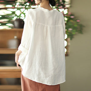 Áo sơ mi linen dài tay cổ tàu thêu hoa văn retro trước ngực - NU6708