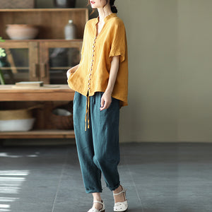Áo sơ mi linen ngắn tay cổ đứng dây rút vạt áo - NU7016