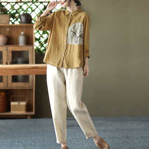 Áo sơ mi linen dài tay cổ đức thêu hoa lan  - NU6724