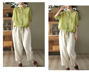 Quần baggy linen lưng thun kiểu đai đính khuy - NU7335