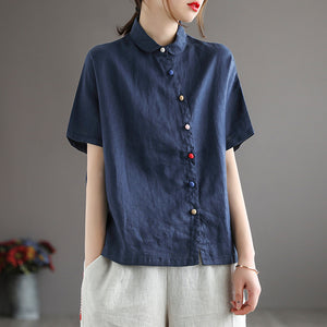 Áo sơ mi linen ngắn tay cổ pipi khuy tròn màu sắc - NU5682