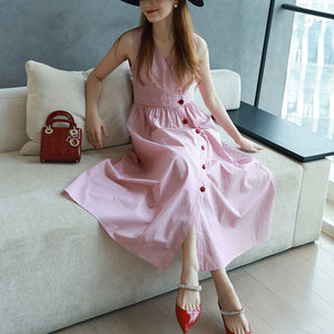 Đầm liền linen sát nách cổ V kẻ sọc đính khuy tròn - OD1312