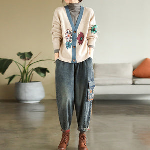Áo khoác len cardigan dài tay cổ V móc những bông hoa - NU8065