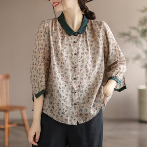 Áo sơ mi linen tay lửng cổ pipi đơn sắc in hoa liti - NU6996