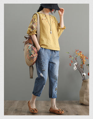 Quần baggy denim thêu hoa bồ công anh - NU3794 - kamaka.vn - thời trang nhật