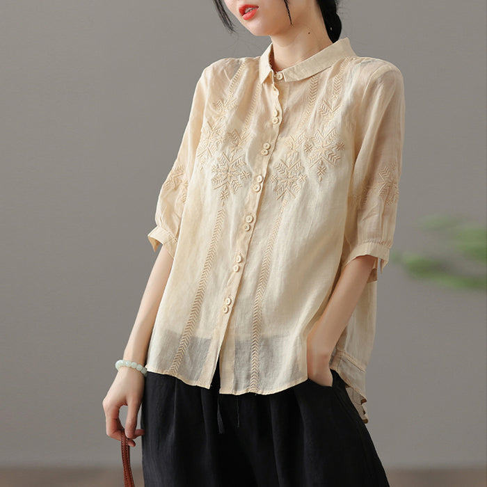Áo sơ mi linen ngắn tay cổ pipi thêu những bông tuyết đối xứng - NU7182
