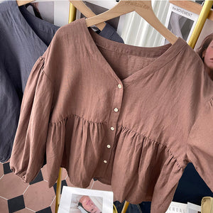 Áo sơ mi linen dài tay cổ V kiểu bo tay - NU8458