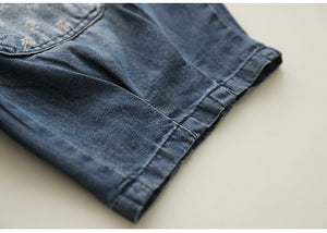 Quần baggy lửng denim lưng thun  hai túi kiểu đính màu sắc - NU8637
