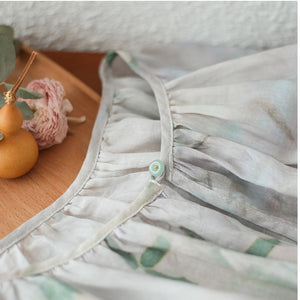 Đầm liền linen ngắn tay cổ V một khuy in hoa lá - NU7507